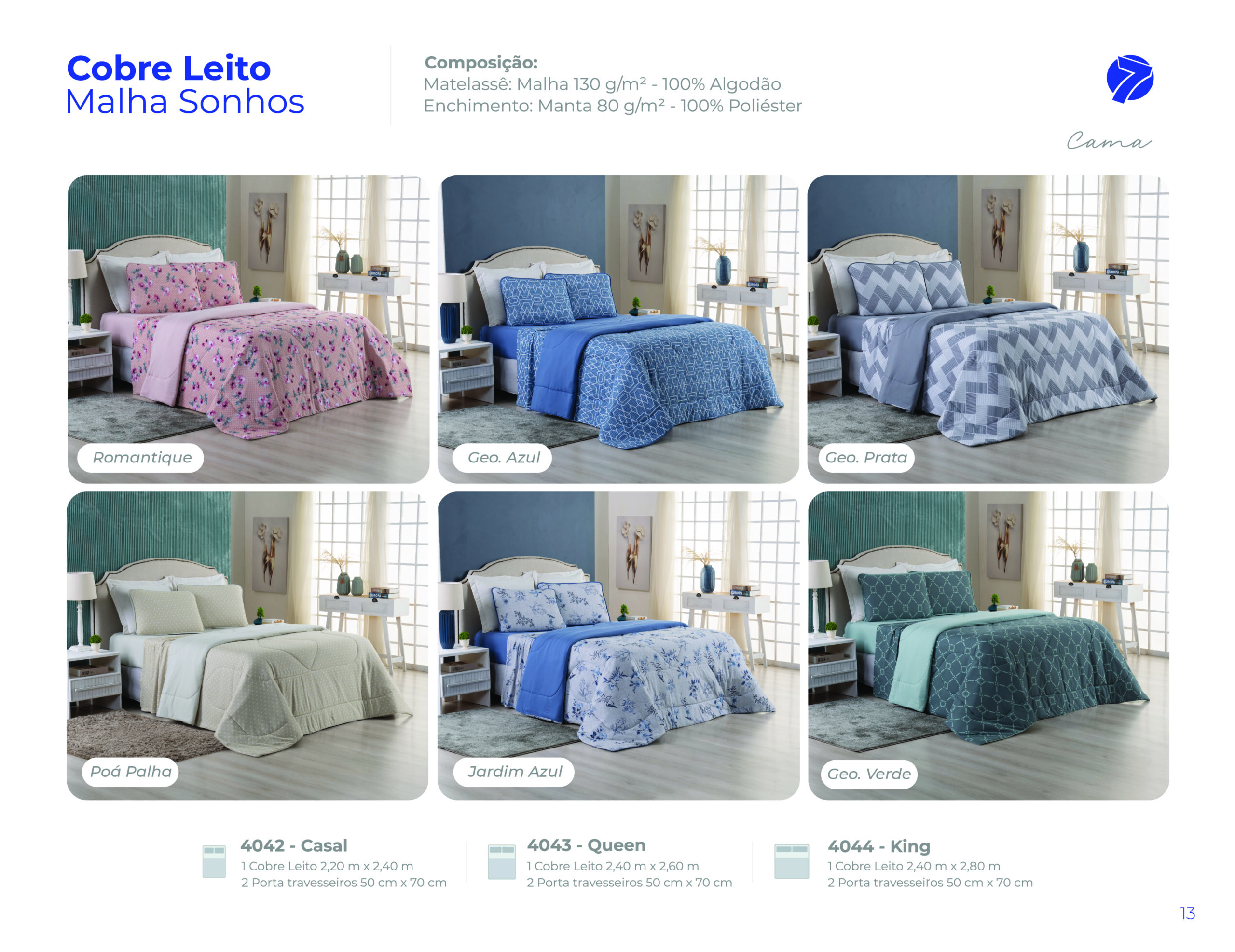 Cobre leito em malha 100% algodão Seven Têxtil nas estampas Romantique, Geo Azul, Geo Prata, Poá Palha, Jardim Azul e Geo Verde