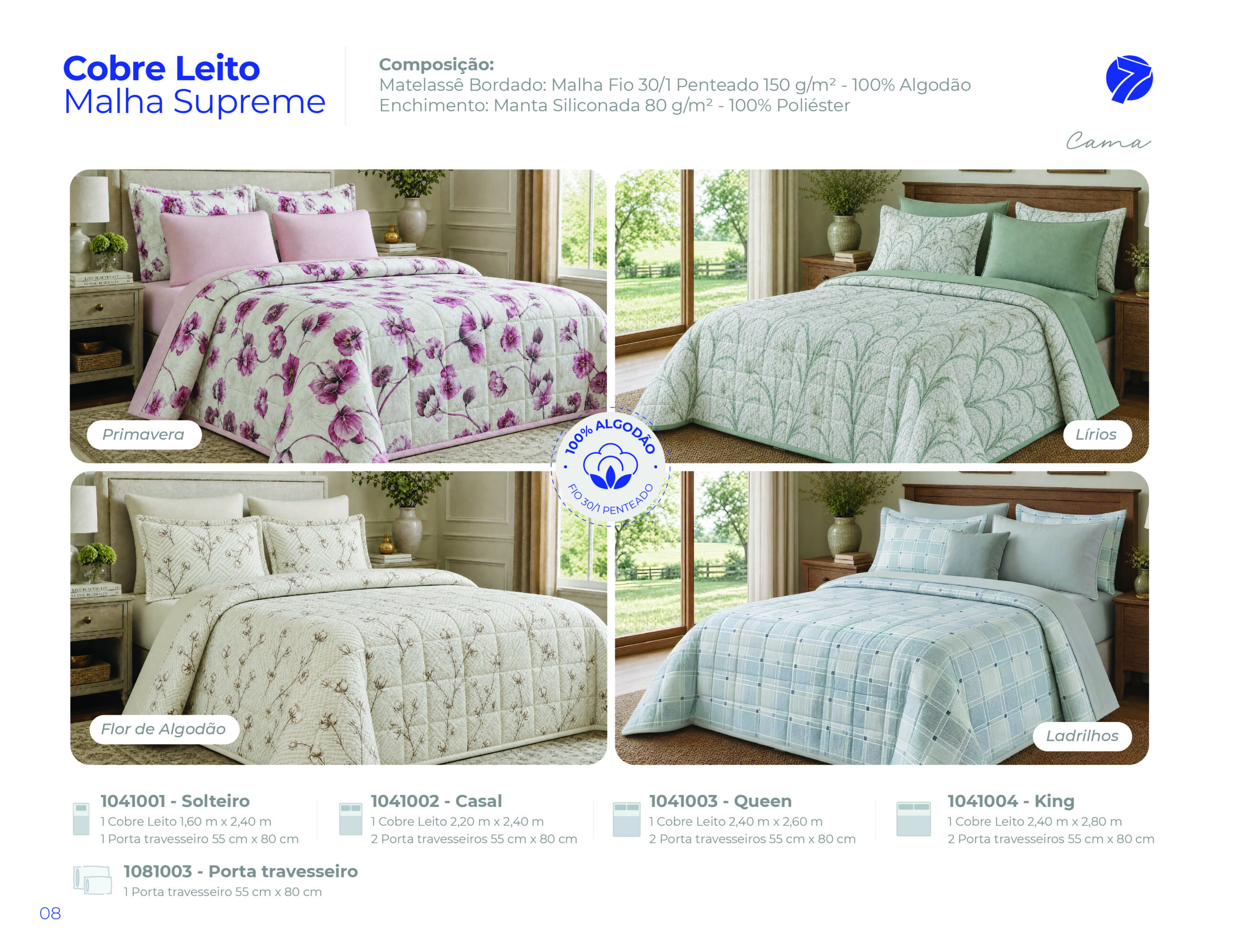 Cobre leito matelassê em malha 100% algodão Fio 30/1 Penteado Seven Têxtil com estampas Primavera, LÍrios, Flor de Algodão e Ladrilhos