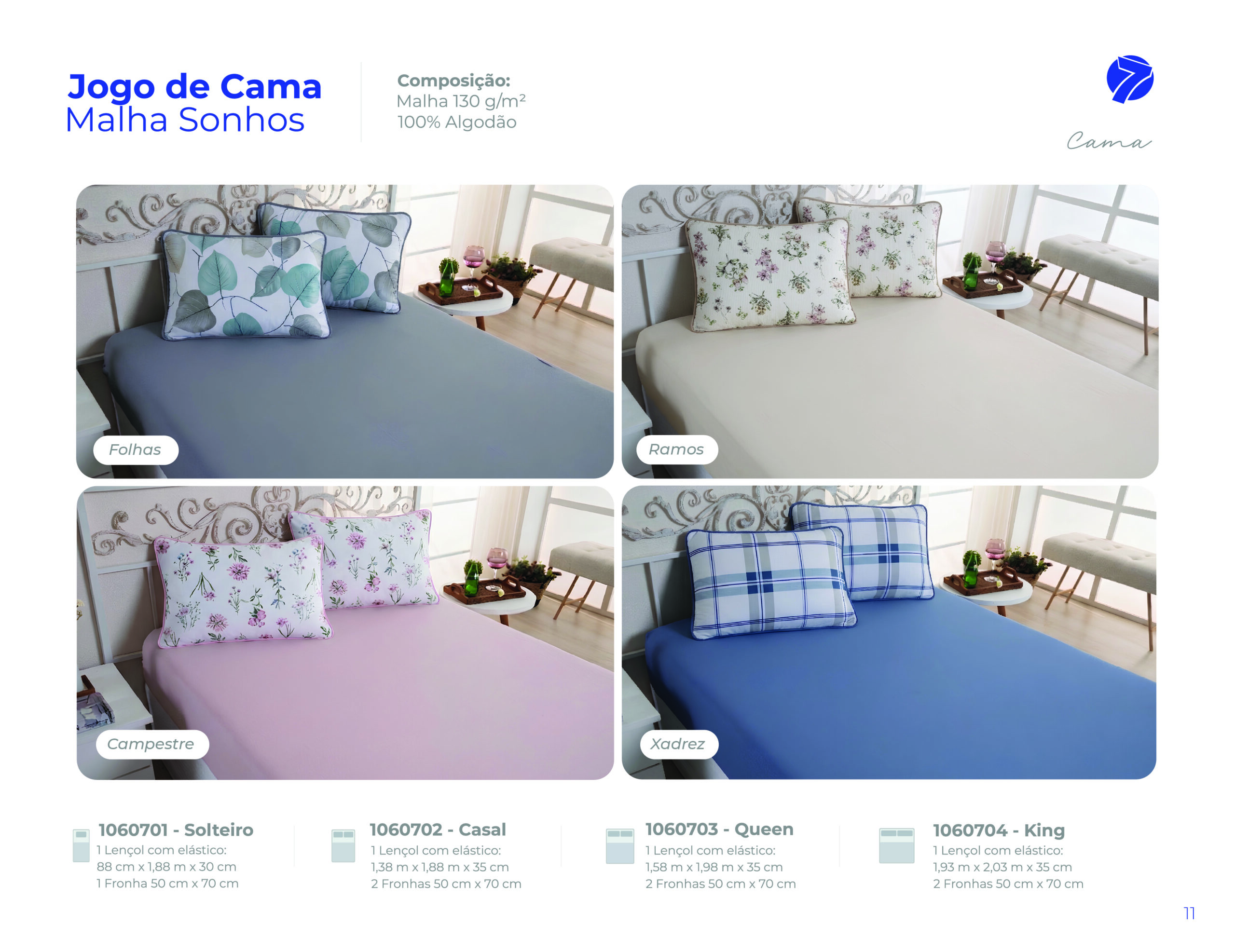 Jogo de cama em malha 100% algodão Seven Têxtil com lençol liso e fronhas estampadas Folhas, Ramos, Campestre e Xadrez