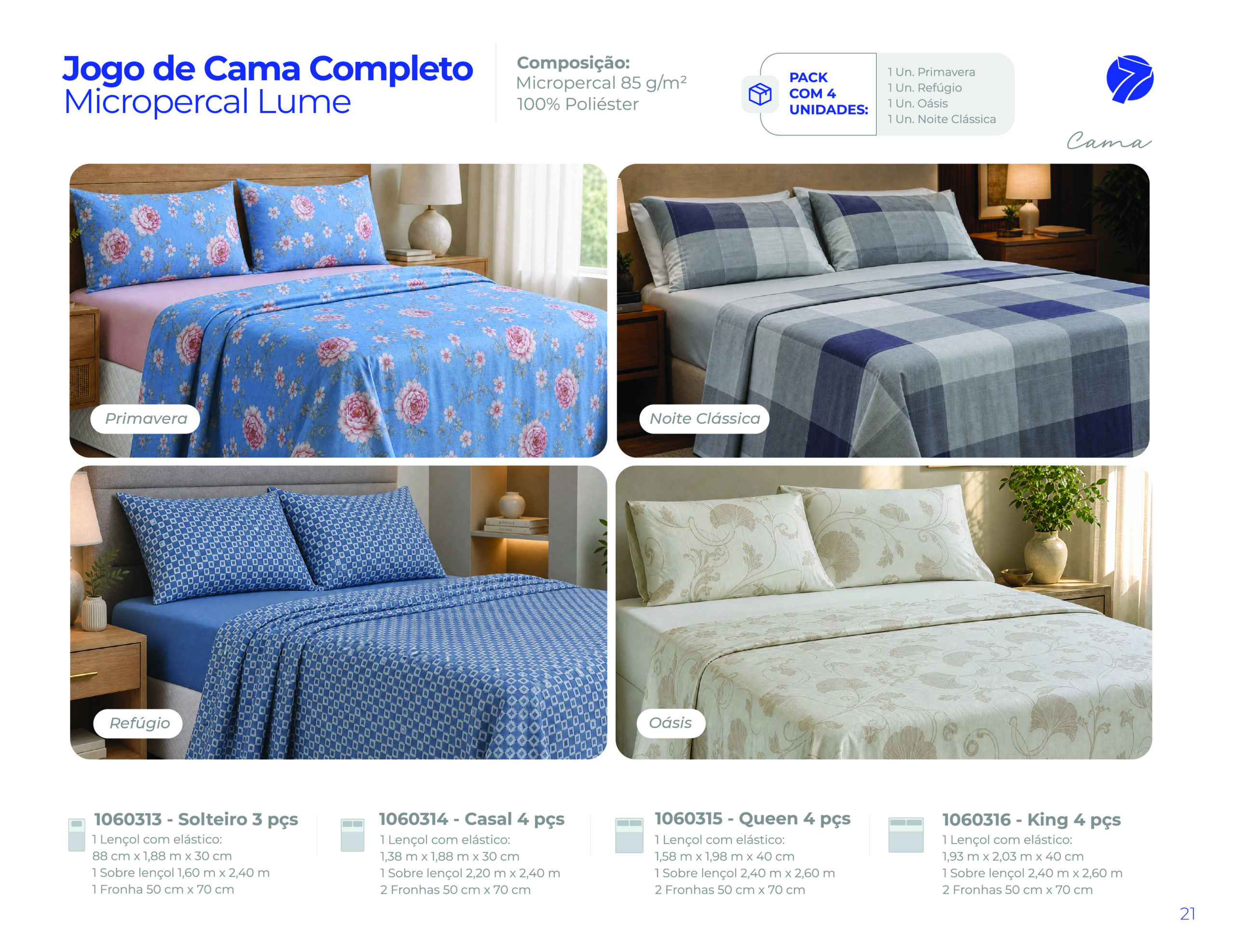Jogo de cama completo em micropercal Seven Têxtil nas estampas Primavera, Noite Clássica, Refúgio e Oásis