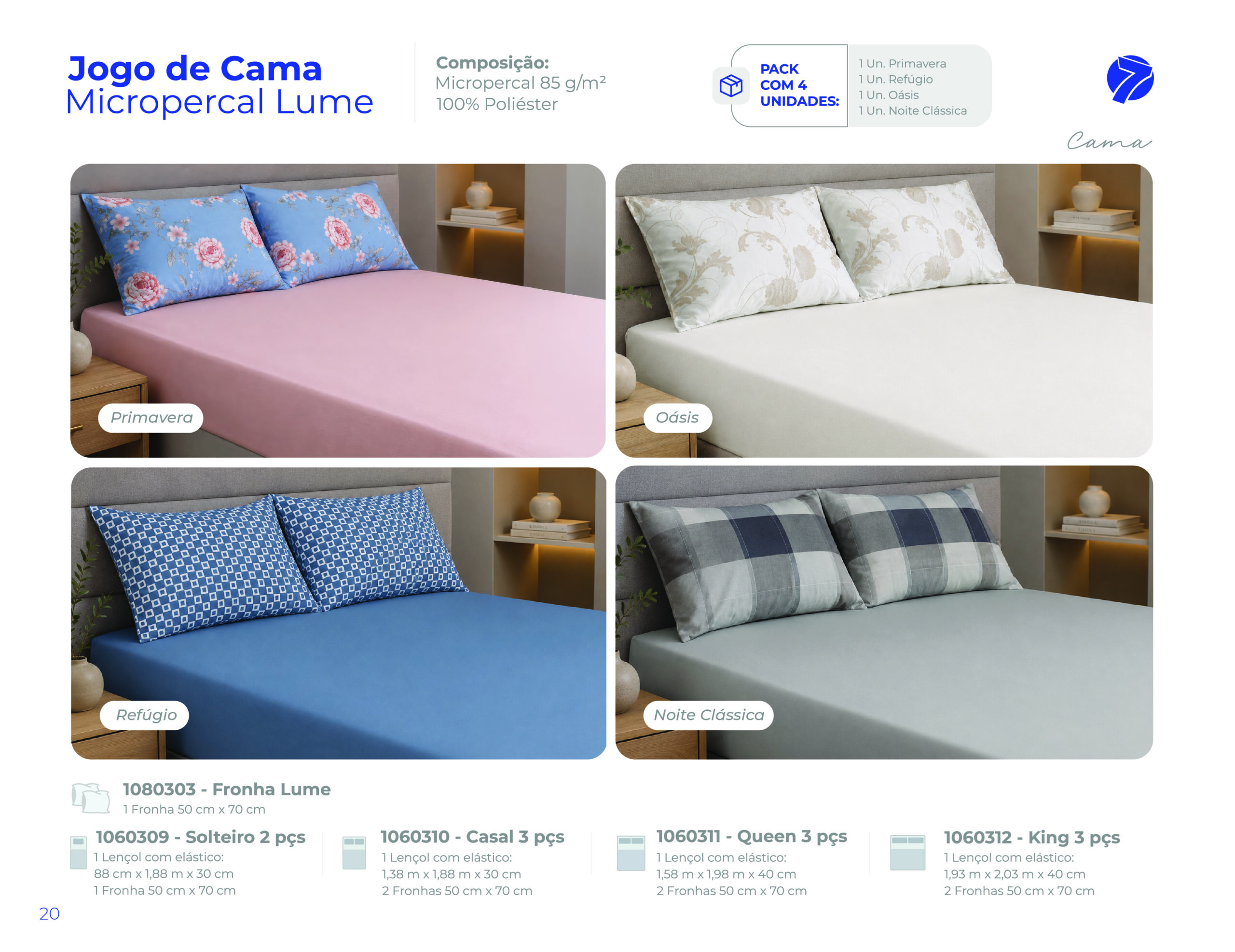 Jogo de cama em micropercal Seven Têxtil com lençol de baixo liso com elástico e fronhas estampadas Primavera, Oásis, Refúgio e Noite Clássica