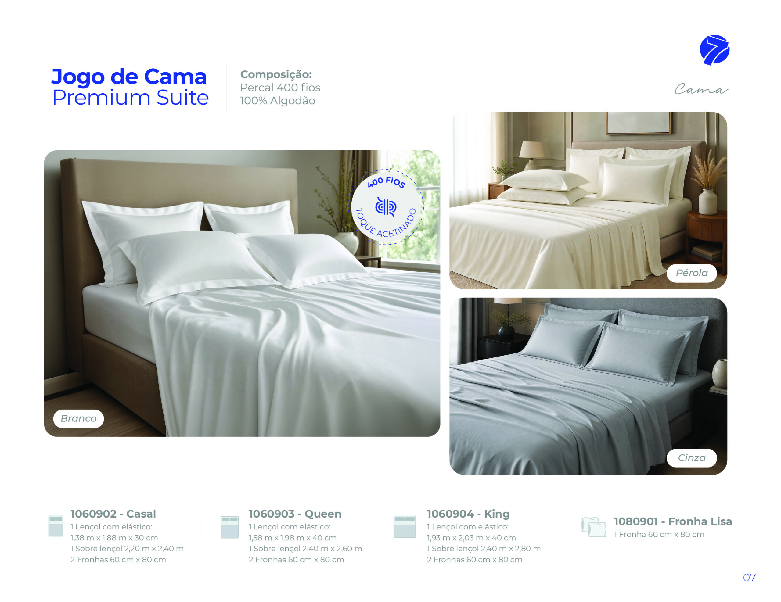 Jogo de cama Premium Suite 400 fios percal 100% algodão Seven Têxtil nas cores branco, pérola e cinza