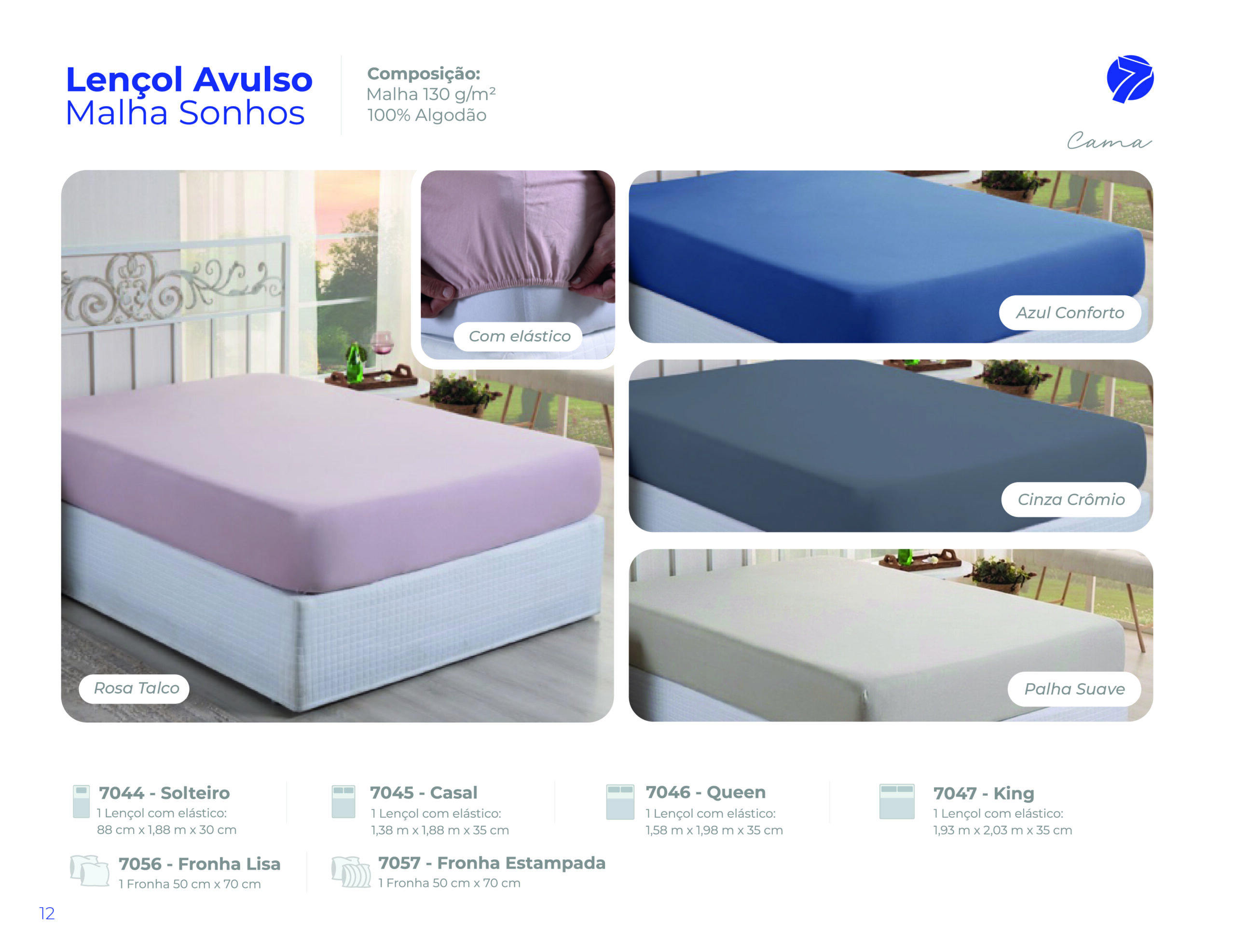 Lençol avulso com elástico em malha 100% algodão Seven Têxtil nas cores Rosa Talco, Azul Conforto, Cinza Crômio e Palha Suave