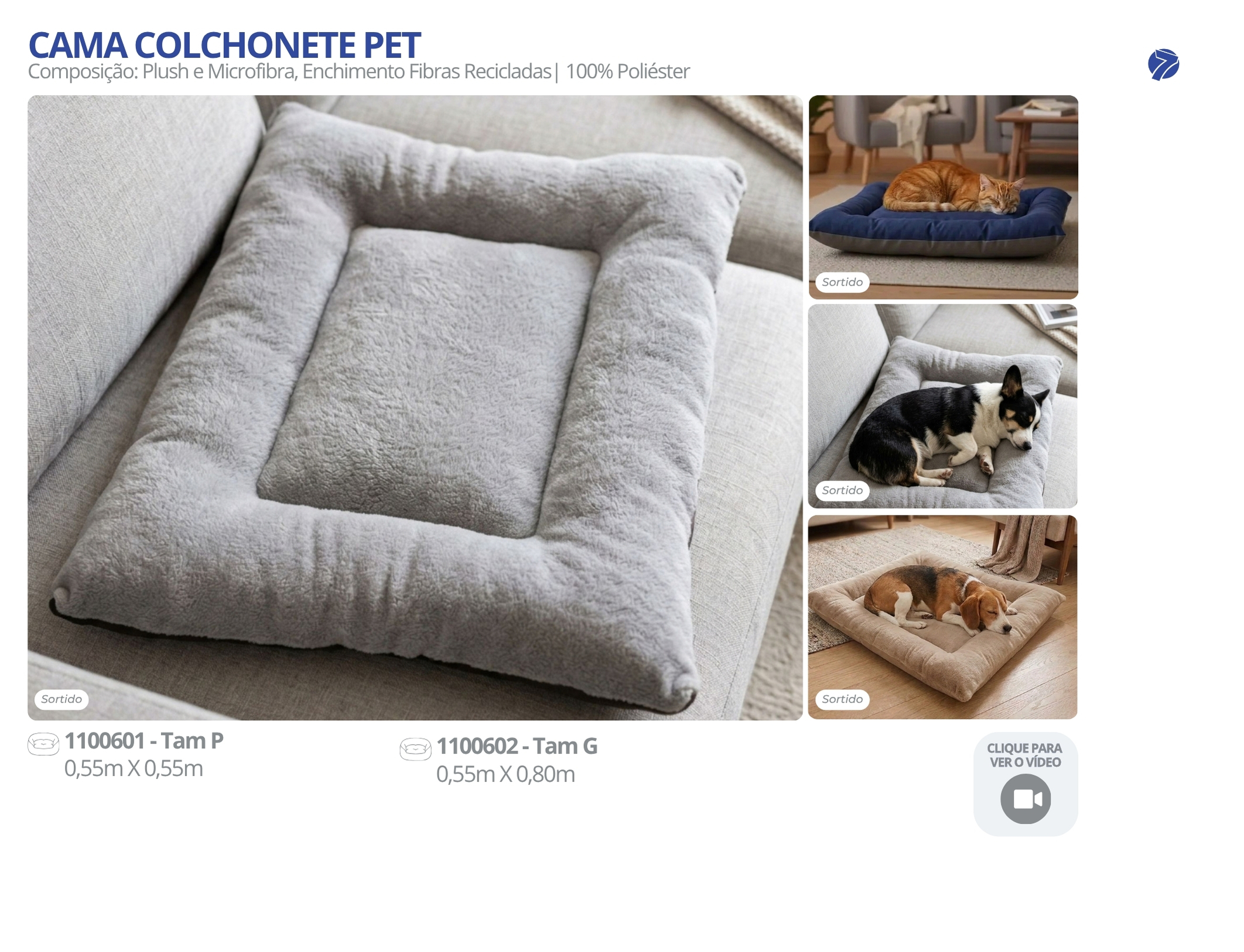 Cama colchonete pet com borda em plush macio e microfibra com enchimento de fibras recicladas Seven Têxtil nas cores e estampas sortidas para cães e gatos