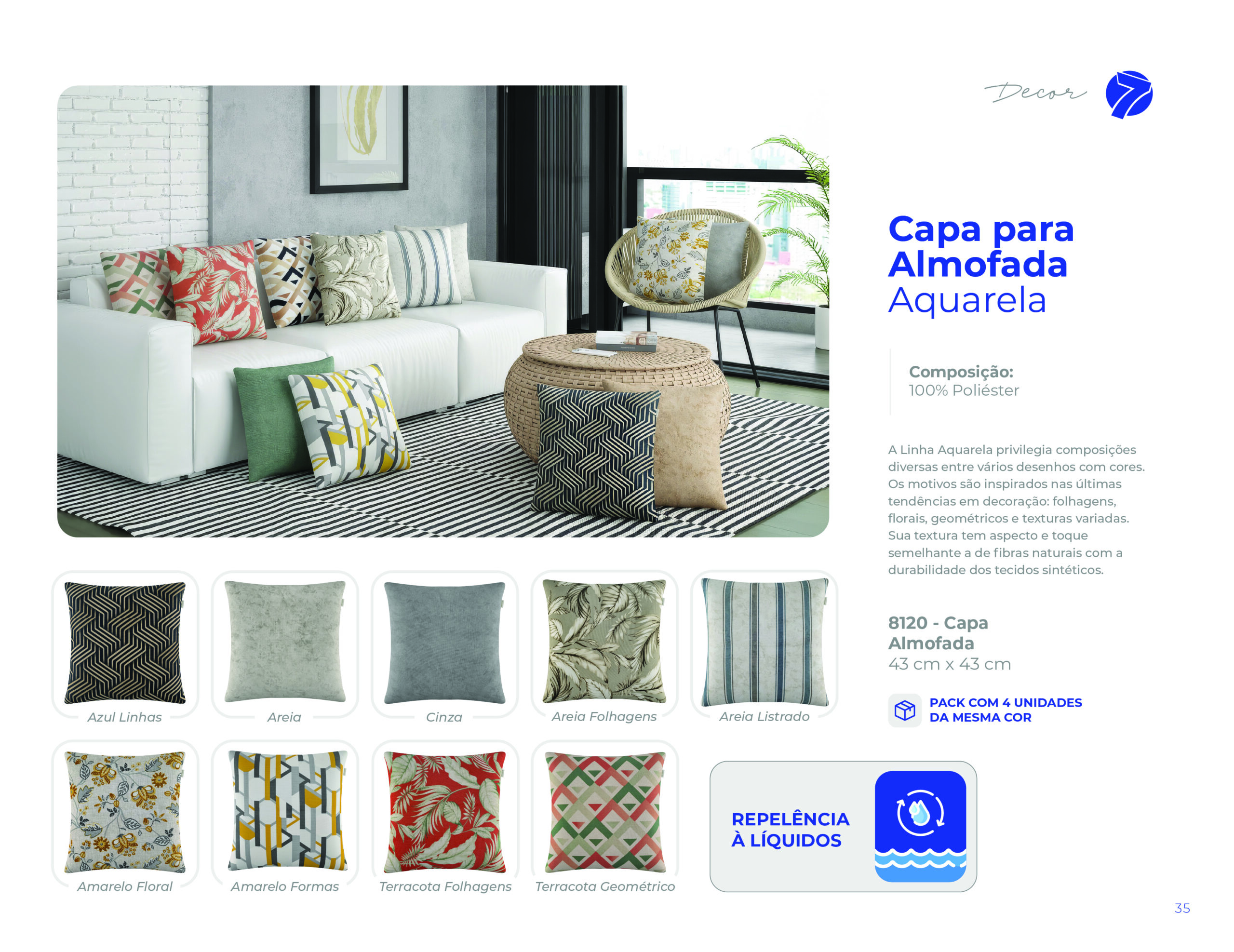 Capa para almofada Aquarela 43cm x 43cm com repelência a líquidos Seven Têxtil com estampas folhagens, geométricas, florais, listradas e lisas