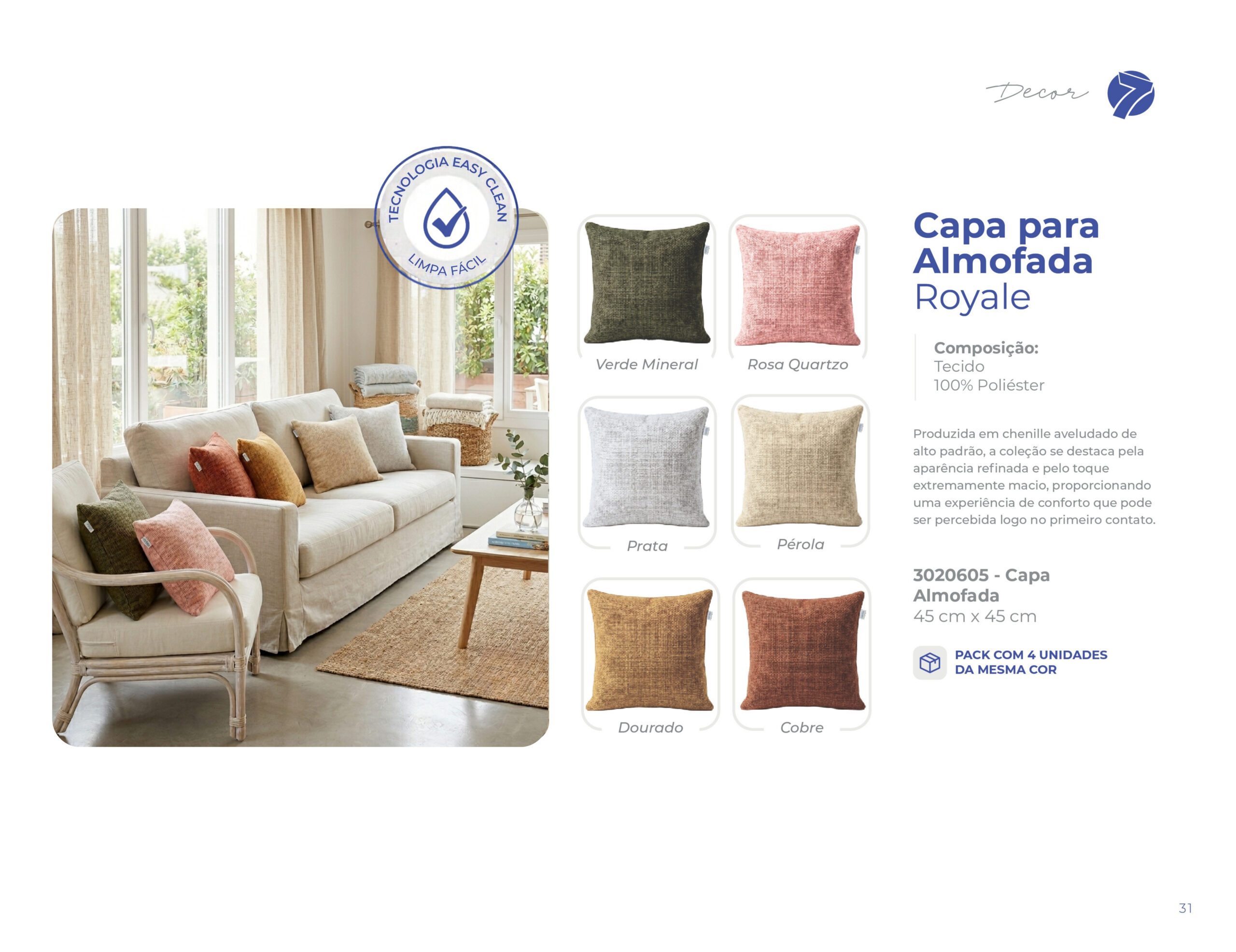 Capa para almofada Royale 45cm x 45cm em chenille aveludado com tecnologia Easy Clean Seven Têxtil nas cores Verde Mineral, Rosa Quartzo, Prata, Pérola, Dourado e Cobre