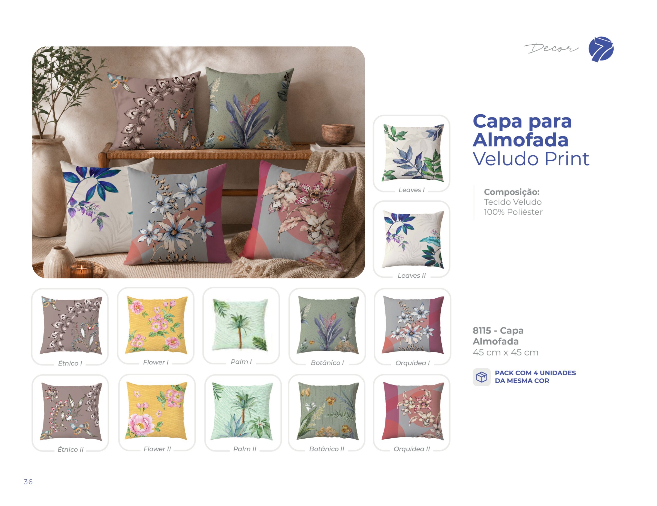 Capa para almofada Veludo Print 45cm x 45cm em tecido veludo macio Seven Têxtil com estampas botânicas, tropicais e florais Leaves, Étnico, Flower, Palm, Botânico e Orquídea