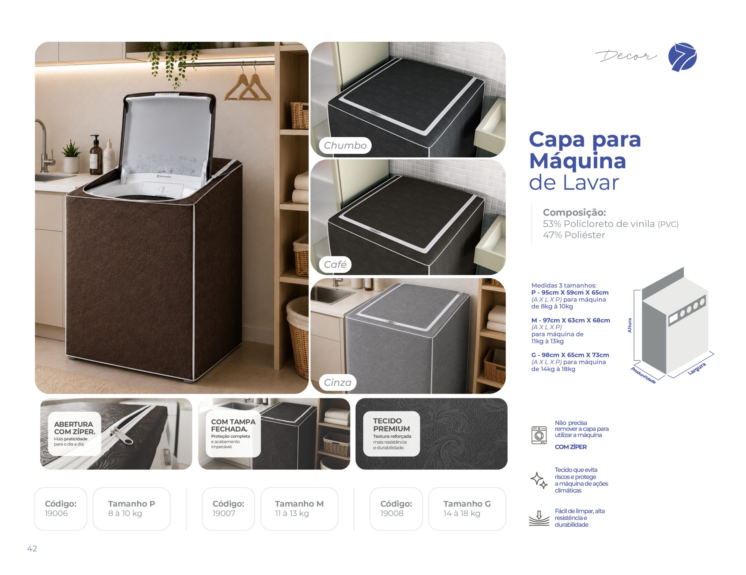 Capa para máquina de lavar com zíper e tampa fechada Seven Têxtil impermeável em tecido premium nas cores Chumbo, Café e Cinza para tamanhos P, M e G