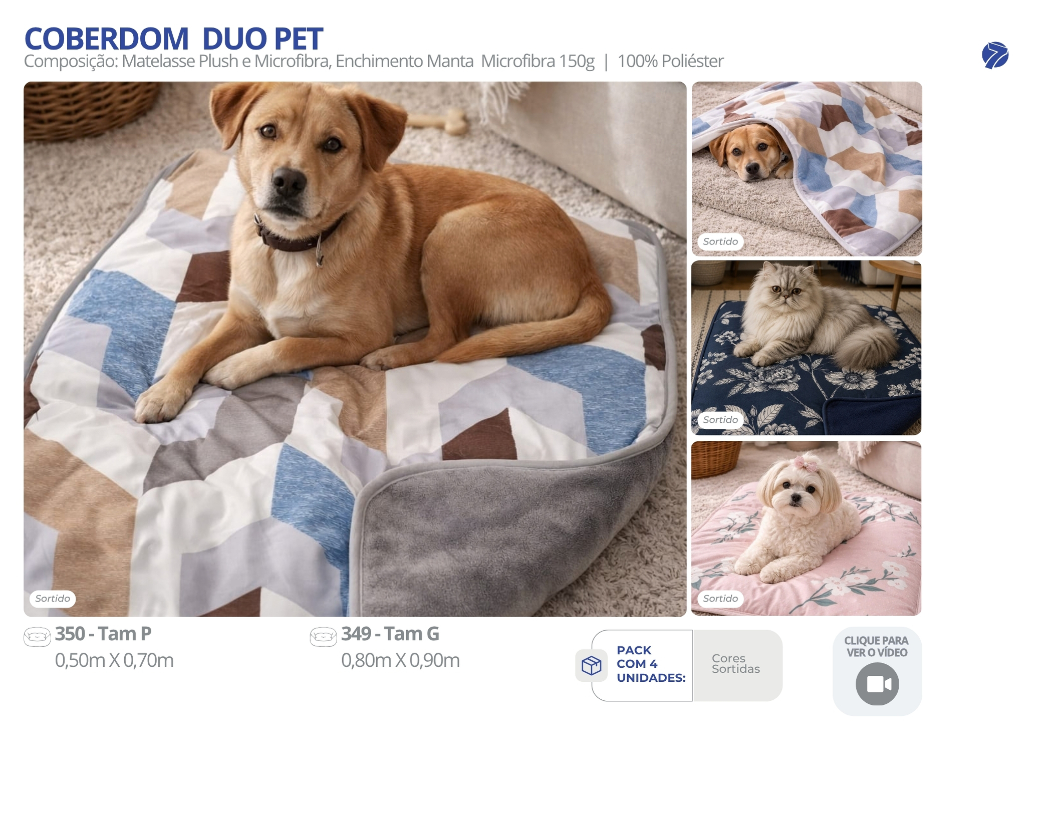 Coberdom Duo Pet dupla face em matelassê plush e manta de microfibra 150g Seven Têxtil nas cores e estampas sortidas para cães e gatos