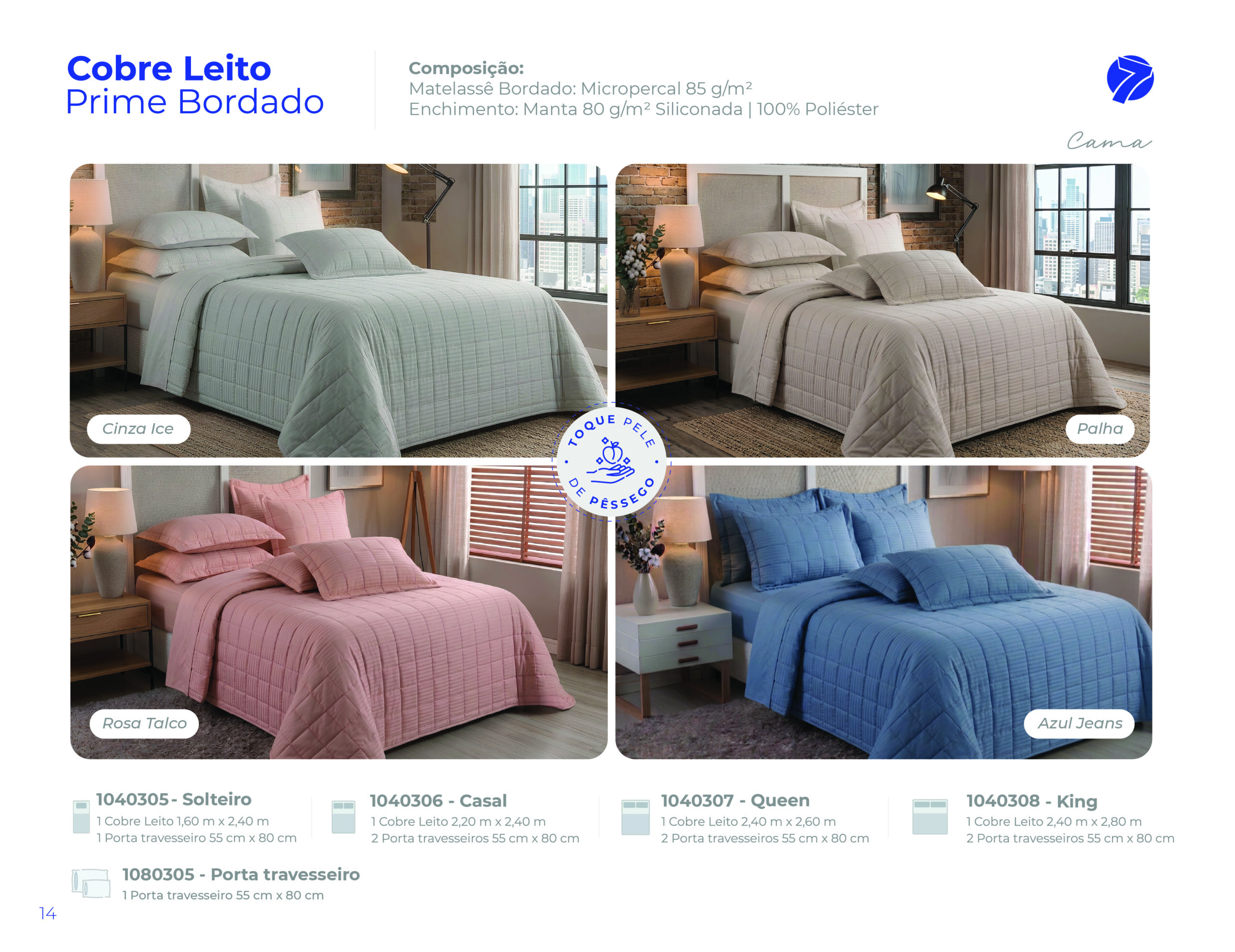 Cobre leito matelassê bordado em micropercal toque pele de pêssego Seven Têxtil nas cores Cinza Ice, Palha, Rosa Talco e Azul Jeans