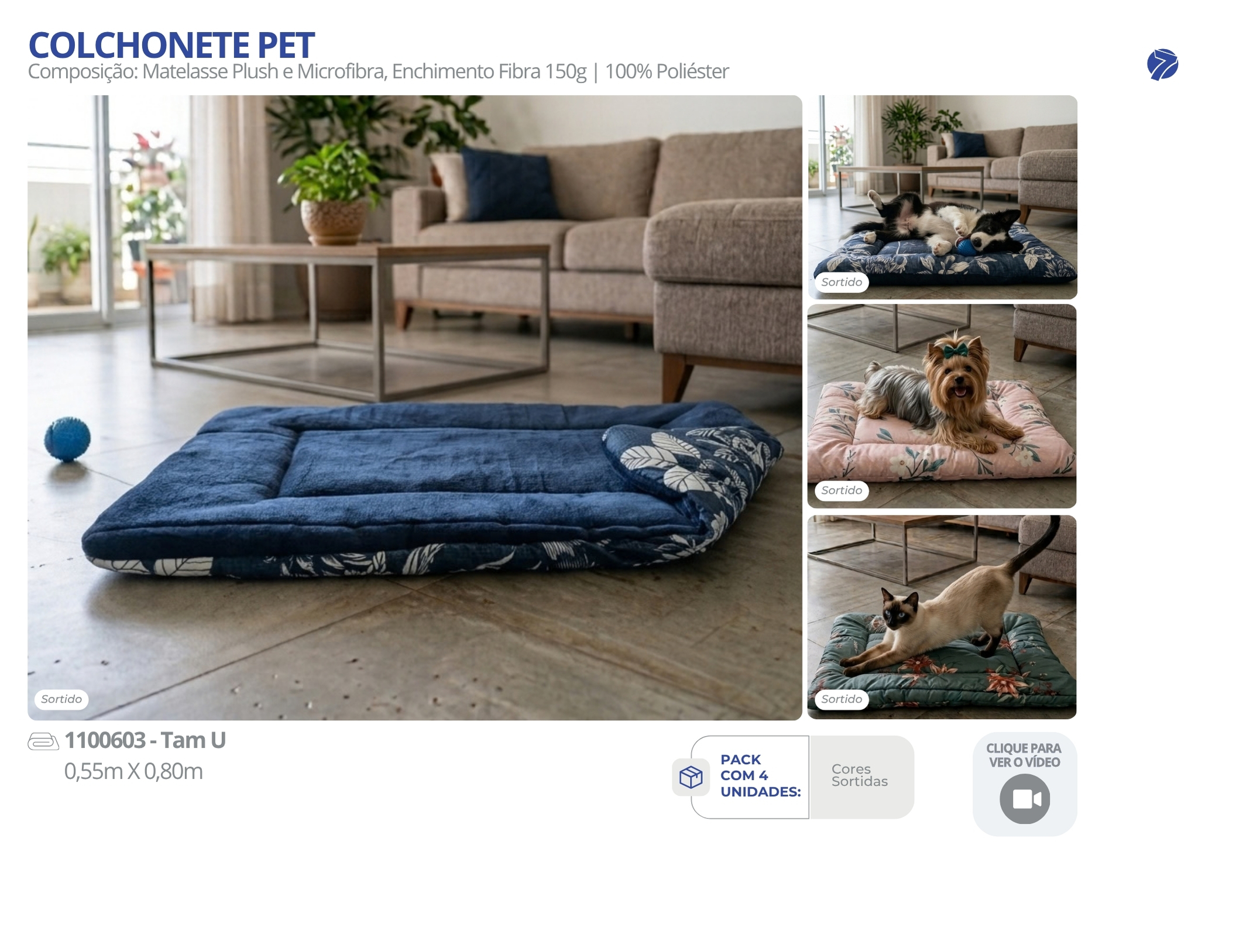 Colchonete pet matelassê em plush e microfibra com enchimento de fibra 150g Seven Têxtil com estampas e cores sortidas para cães e gatos