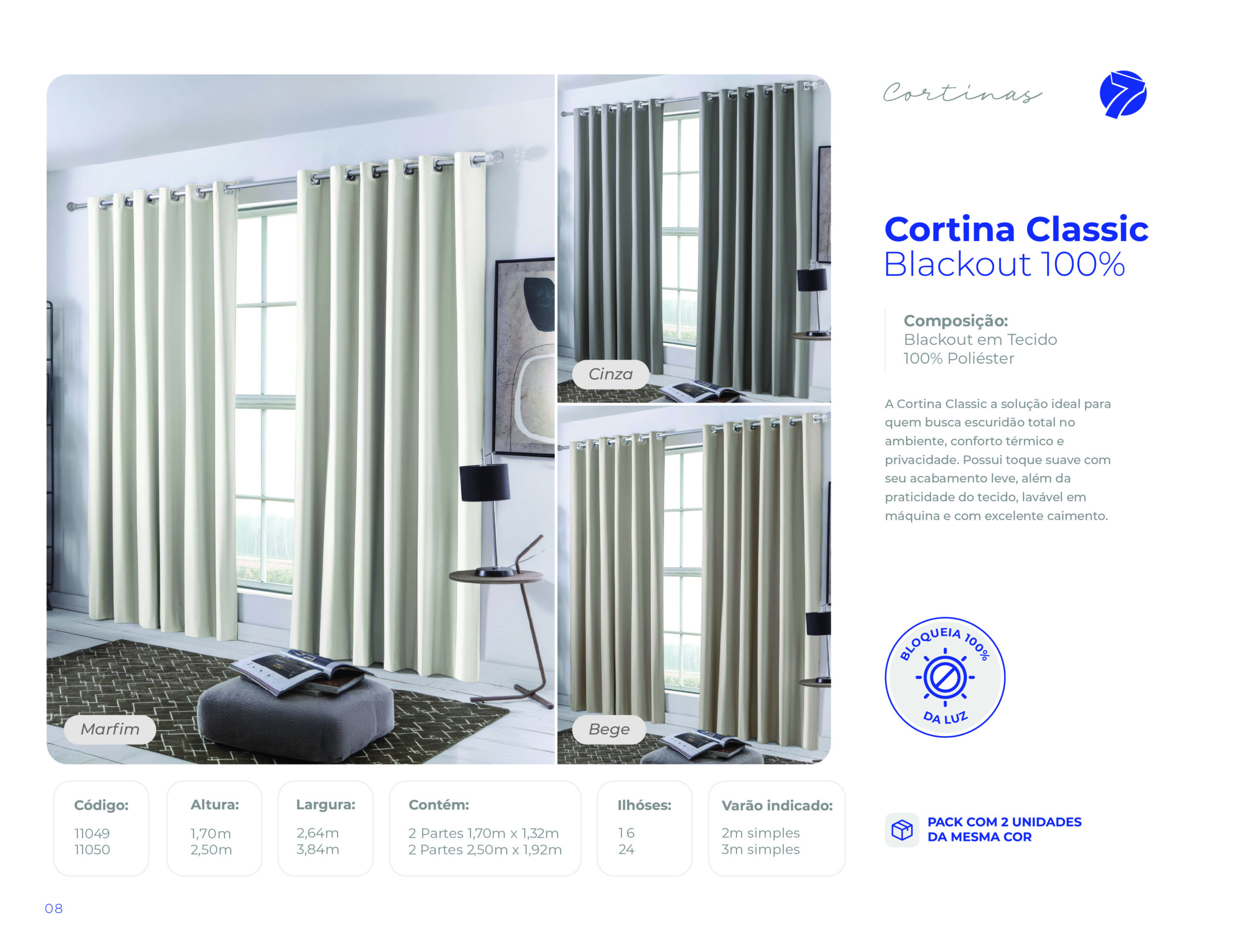 Cortina Classic blackout 100% em tecido liso com ilhós Seven Têxtil nas cores Marfim, Cinza e Bege