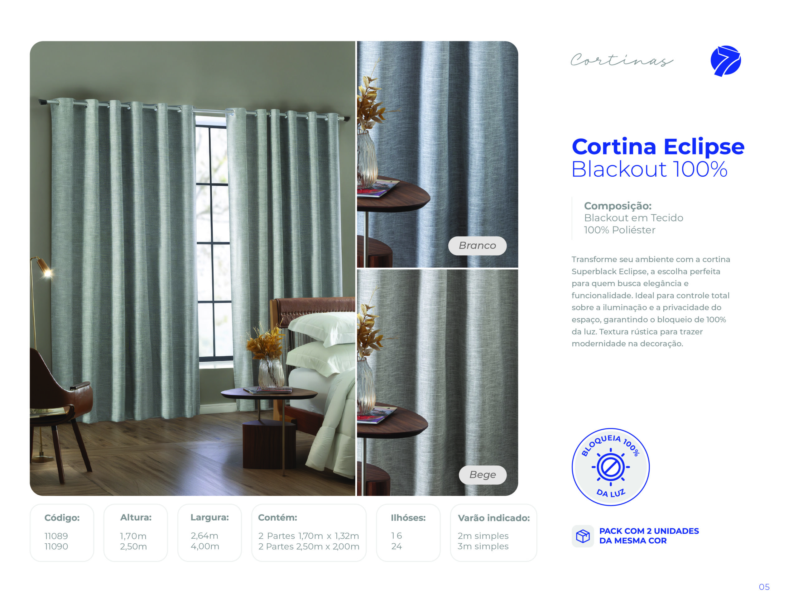 Cortina Eclipse blackout 100% em tecido com textura rústica e ilhós Seven Têxtil nas cores Branco e Bege