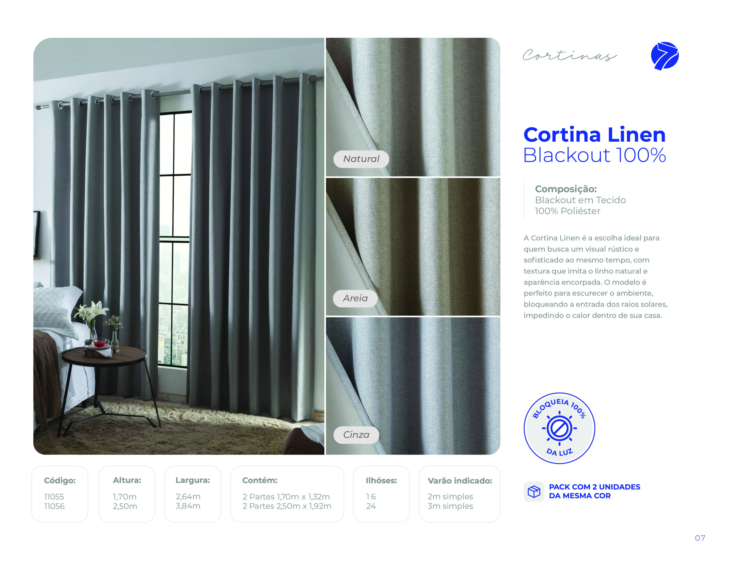 Cortina Linen blackout 100% em tecido encorpado estilo linho e ilhós Seven Têxtil nas cores Natural, Areia e Cinza