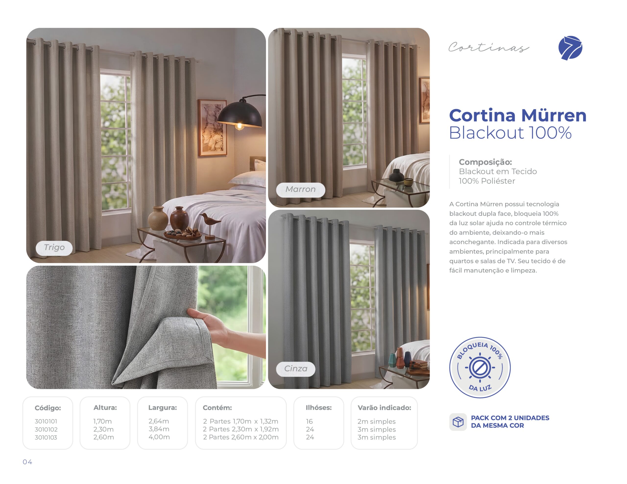 Cortina Mürren blackout 100% em tecido com ilhós Seven Têxtil para varão nas cores Trigo, Marron e Cinza