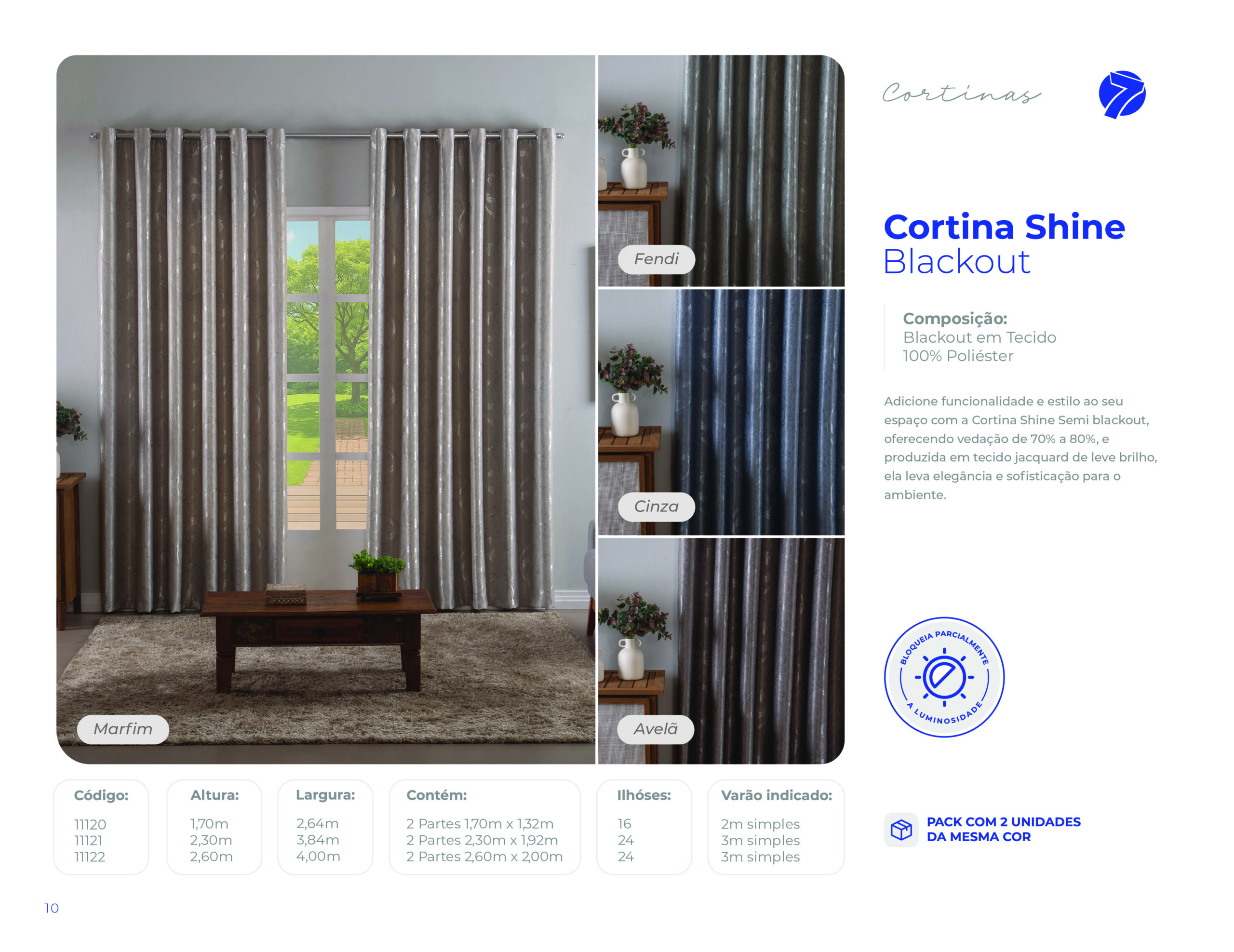 Cortina Shine semiblackout em tecido jacquard com leve brilho e ilhós Seven Têxtil nas cores Marfim, Fendi, Cinza e Avelã