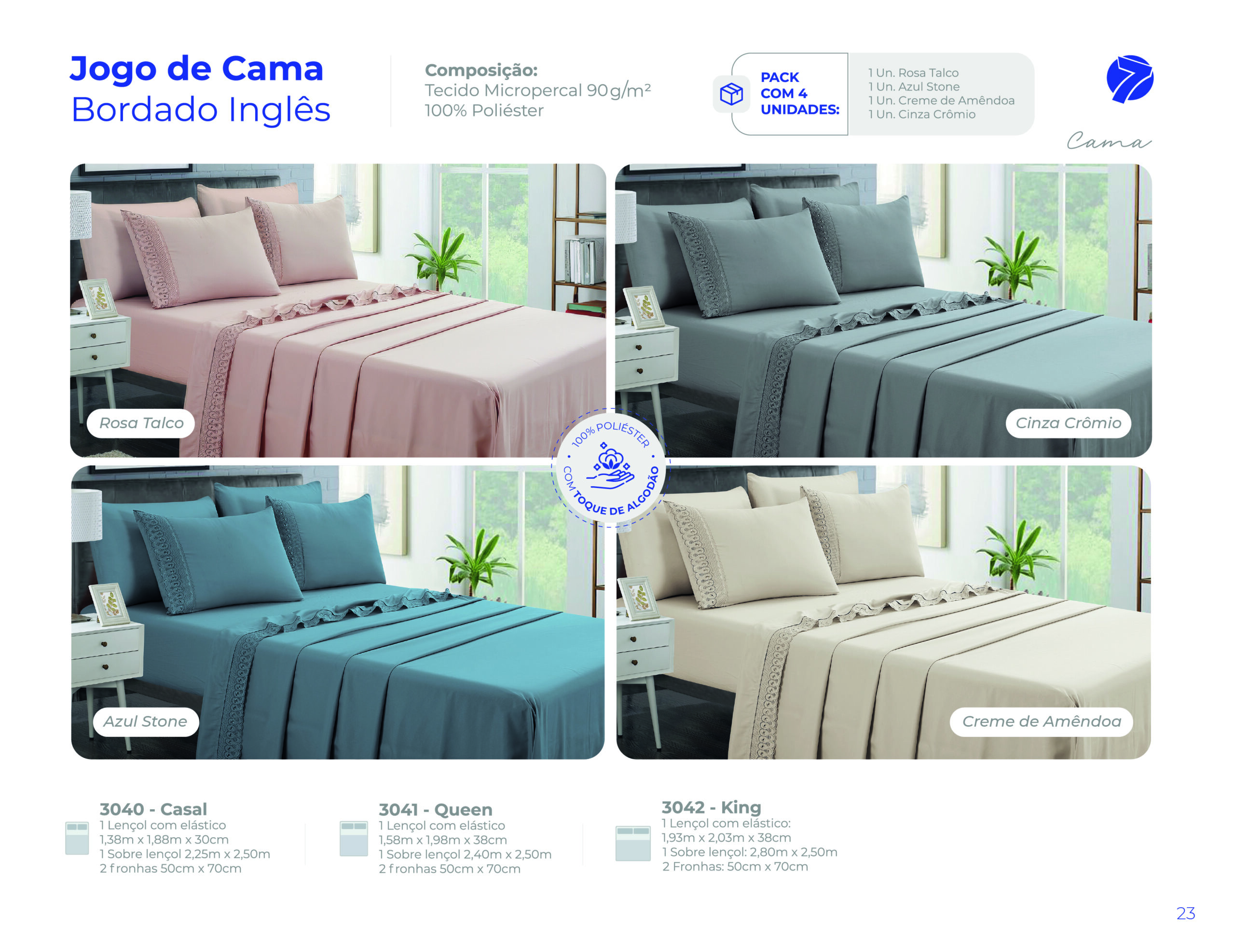 Jogo de cama em micropercal com detalhe em bordado inglês Seven Têxtil nas cores Rosa Talco, Cinza Crômio, Azul Stone e Creme de Amêndoa