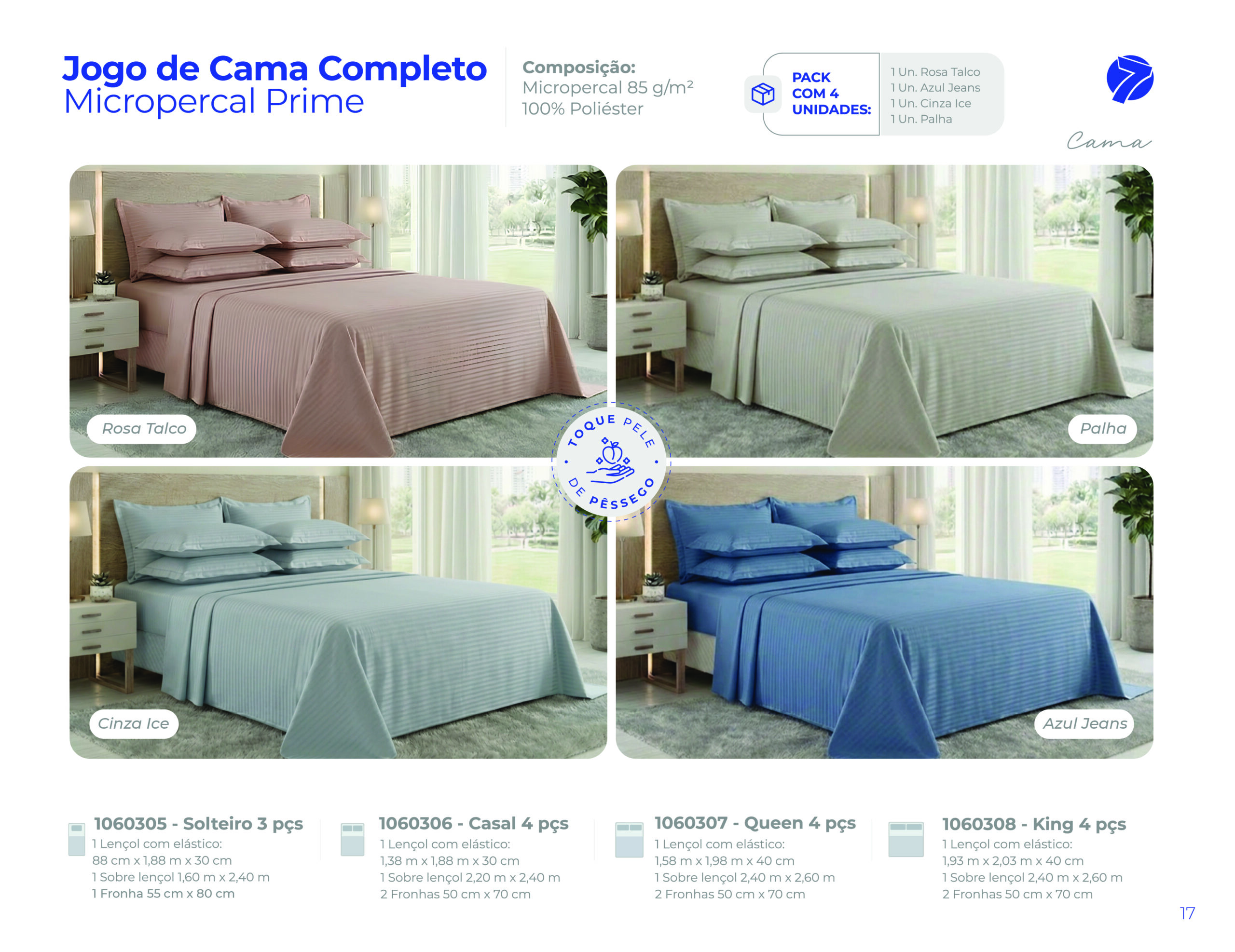 Jogo de cama completo liso em micropercal toque pele de pêssego Seven Têxtil nas cores Rosa Talco, Palha, Cinza Ice e Azul Jeans