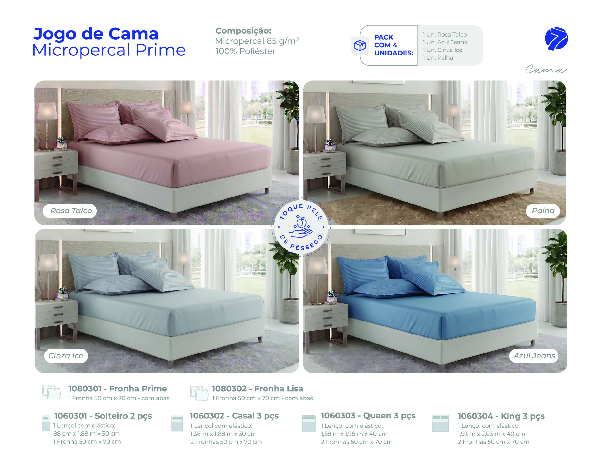 Jogo de cama liso em micropercal toque pele de pêssego Seven Têxtil com lençol com elástico e fronhas nas cores Rosa Talco, Palha, Cinza Ice e Azul Jeans