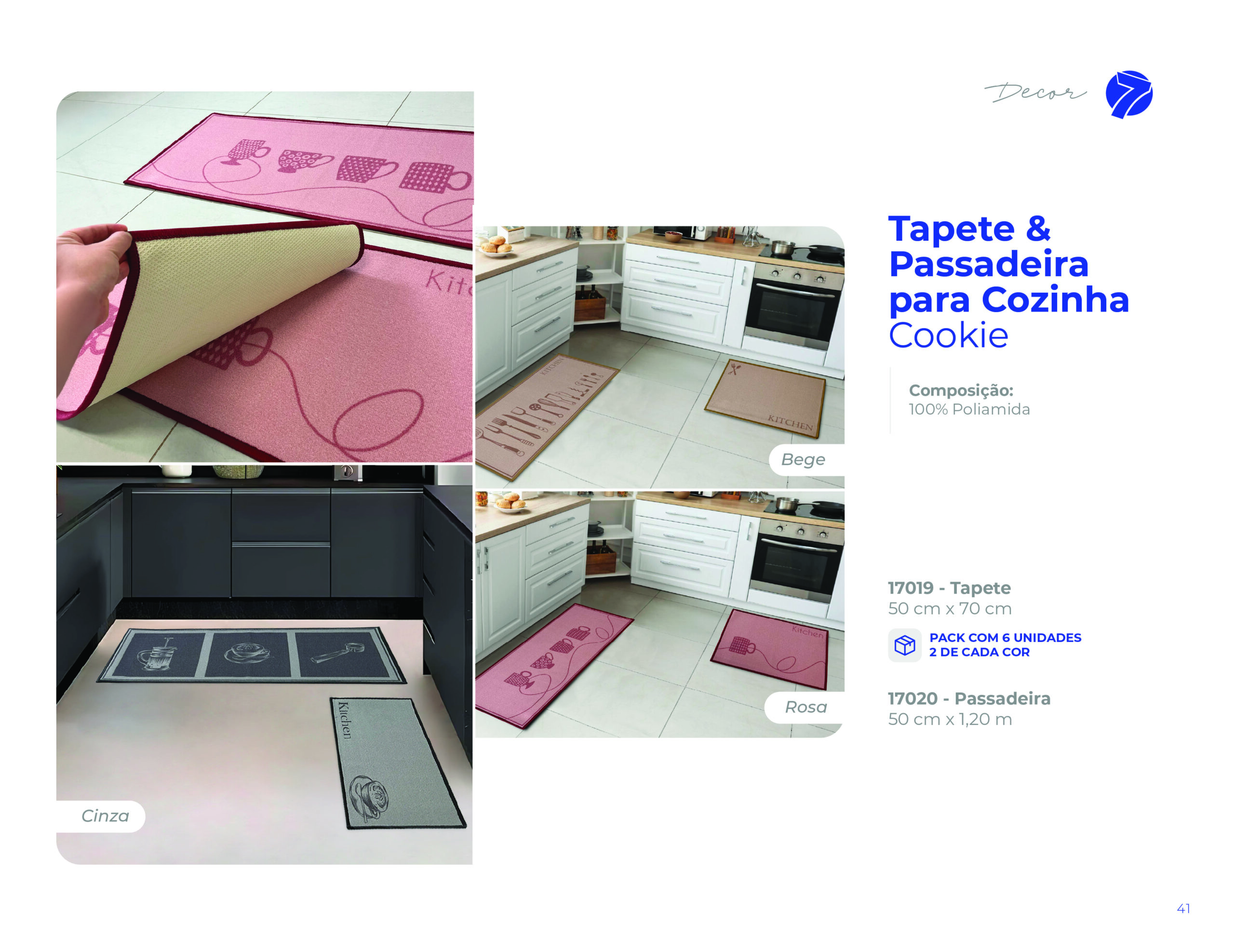 Jogo de tapete e passadeira para cozinha Cookie em poliamida antiderrapante Seven Têxtil nas cores Cinza, Bege e Rosa