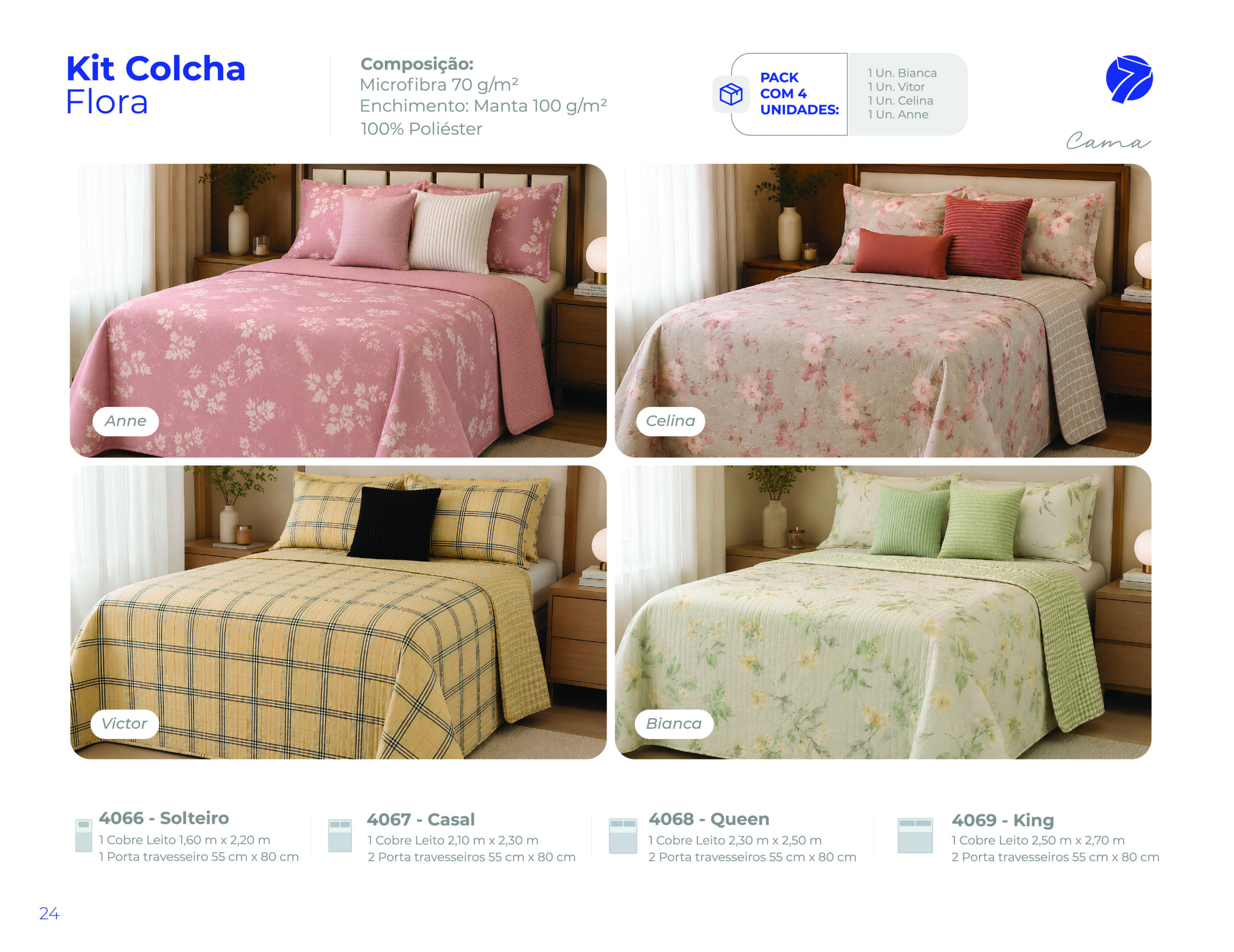 Kit colcha estampado em microfibra Seven Têxtil nas estampas Anne, Celina, Victor e Bianca