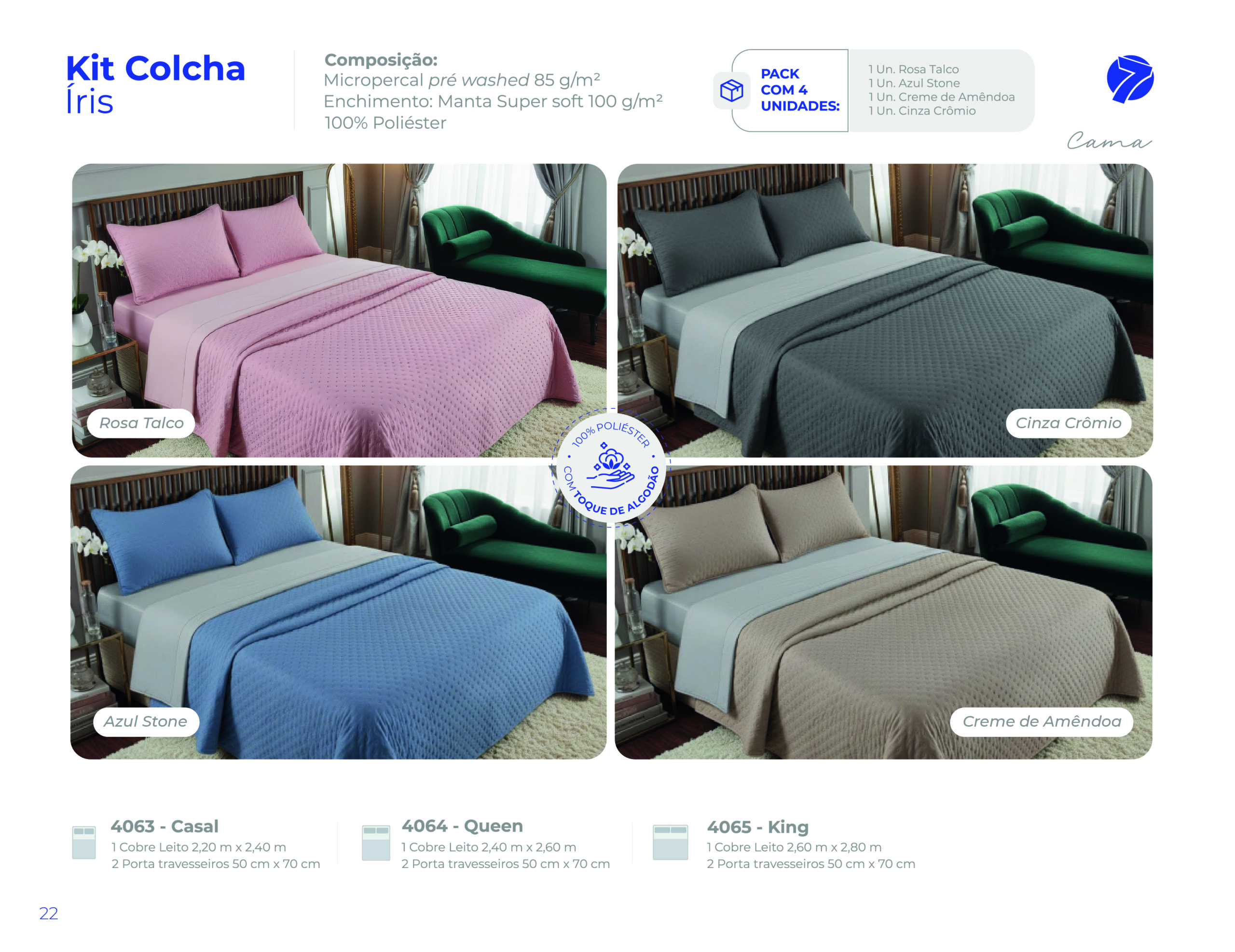 Kit colcha matelassê Íris em micropercal pré washed toque de algodão Seven Têxtil nas cores Rosa Talco, Cinza Crômio, Azul Stone e Creme de Amêndoa