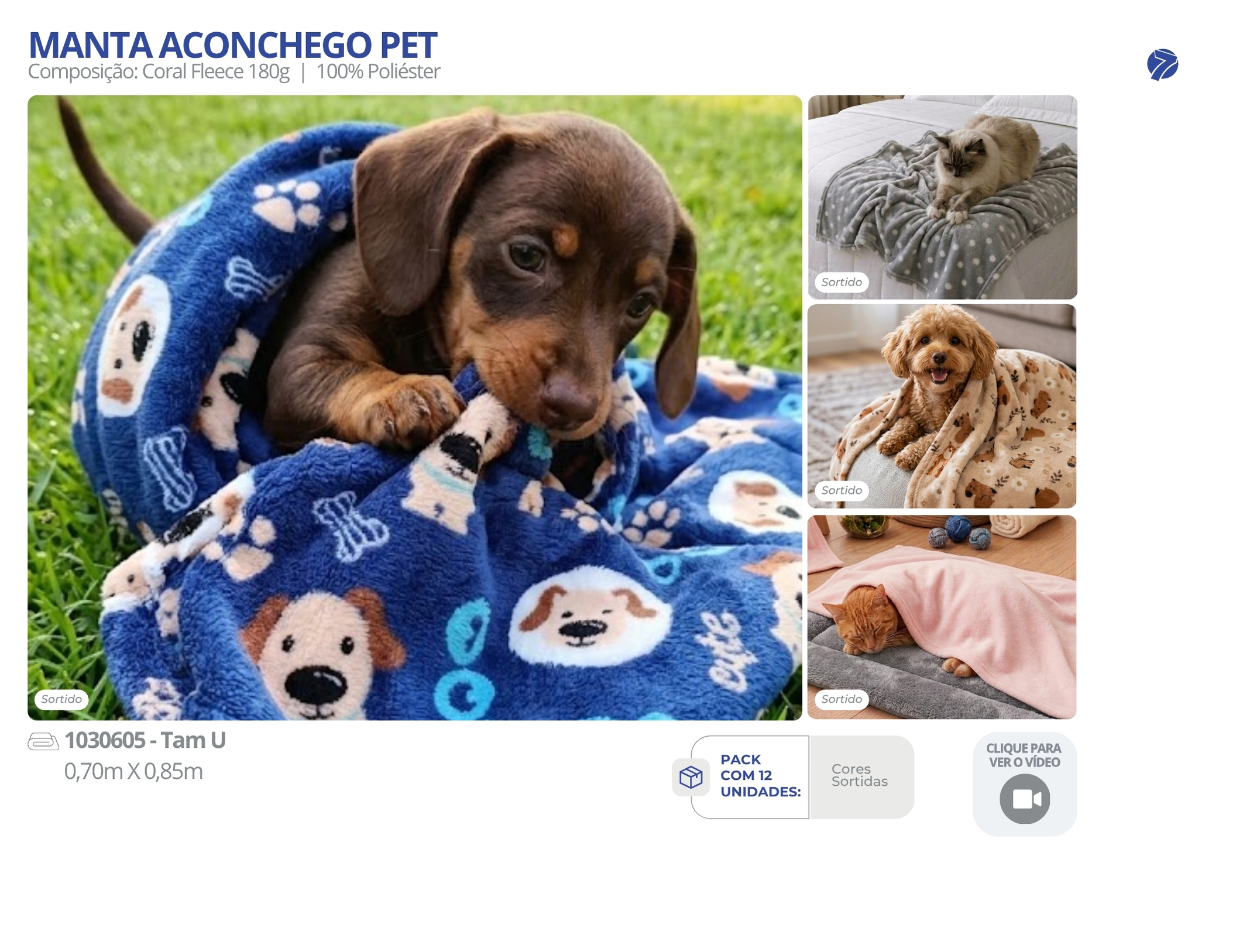 Manta Aconchego Pet em tecido Coral Fleece 180g Seven Têxtil estampada nas cores e padronagens sortidas para cães e gatos