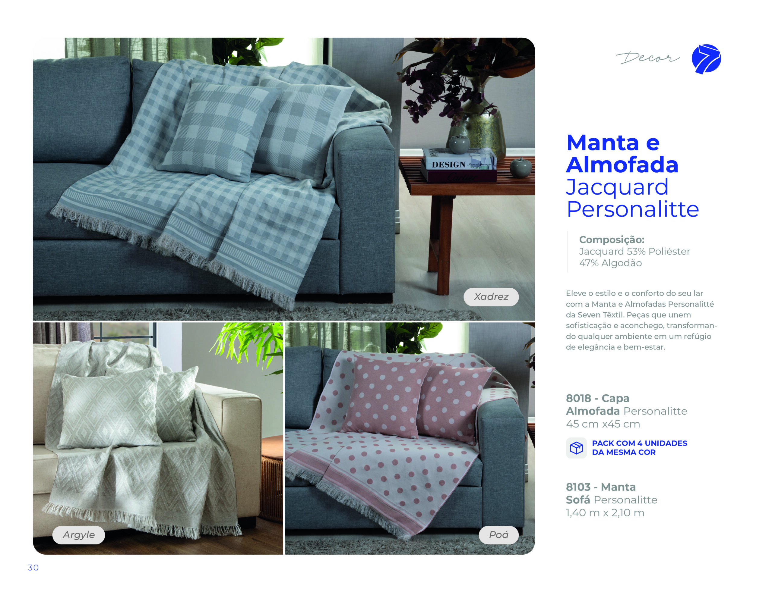 Manta e capa de almofada Jacquard Personalitte em mistura de algodão Seven Têxtil nas estampas Xadrez, Argyle e Poá