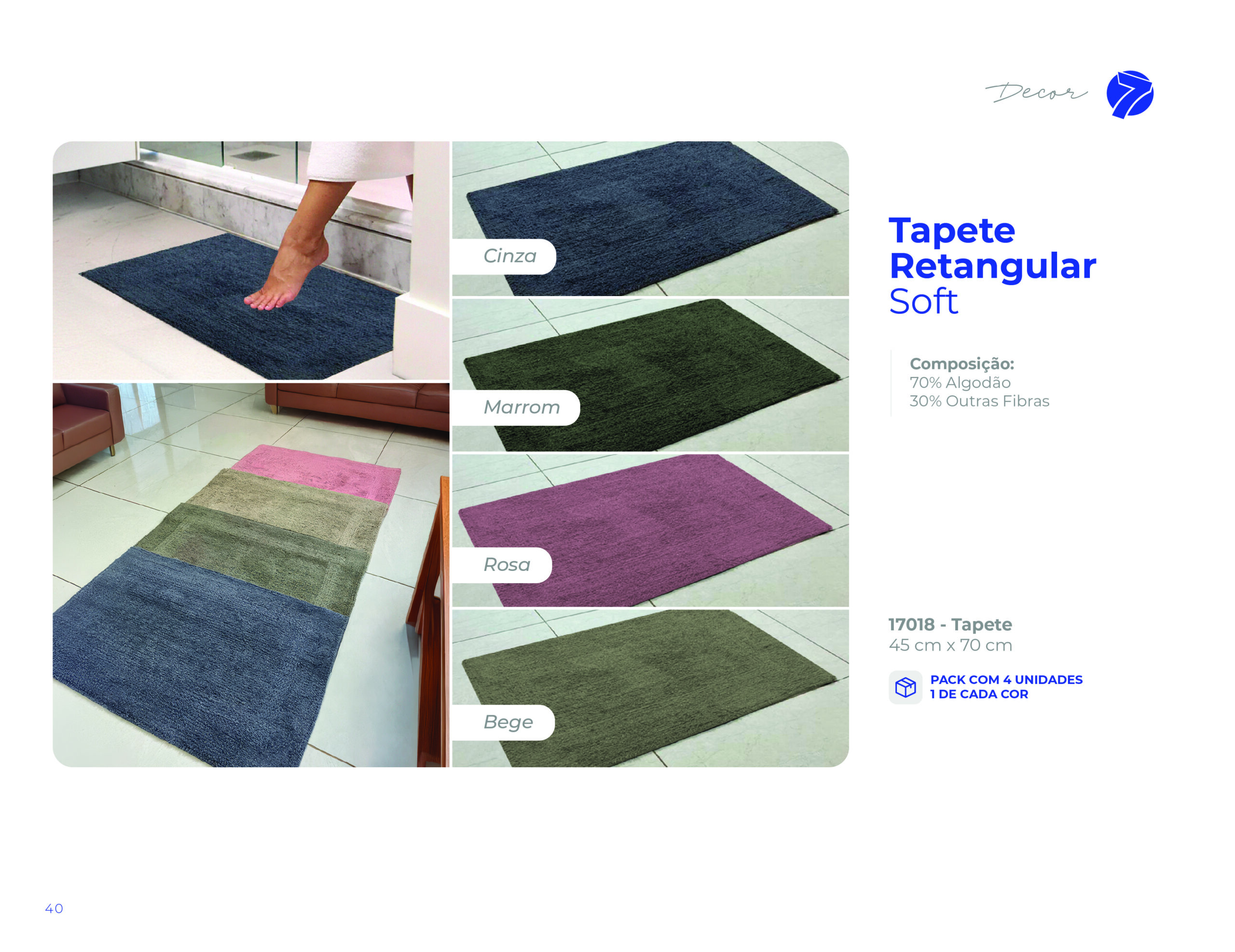 Tapete retangular Soft 45cm x 70cm em algodão Seven Têxtil nas cores Cinza, Marrom, Rosa e Bege
