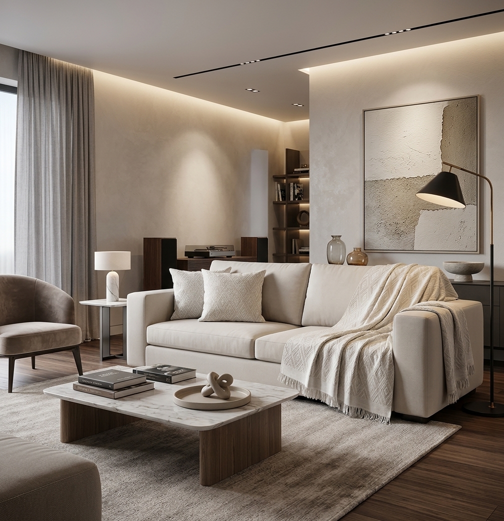 Sala moderna em tons claros com sofá off white com elegante conjunto de manta decorativas e almofadas no mesmo tom no tecido jacquard