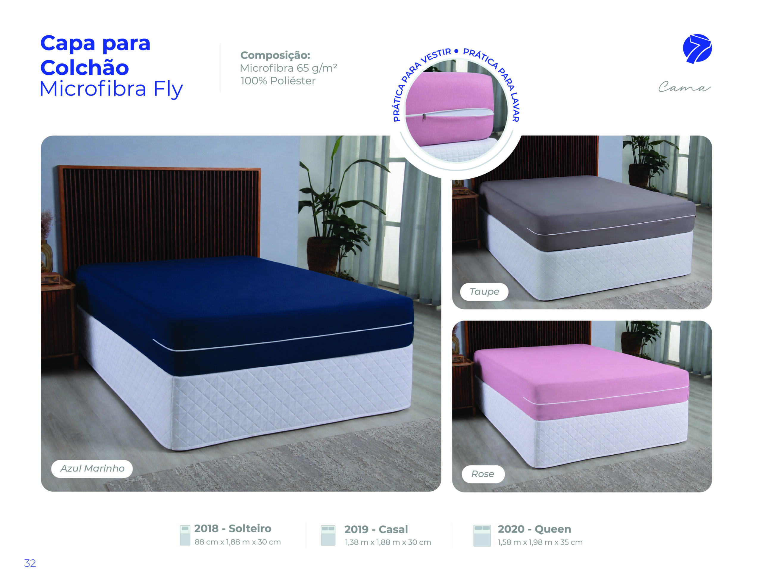Capa para colchão em microfibra Fly com zíper Seven Têxtil nas cores Azul Marinho, Taupe e Rose para tamanhos Solteiro, Casal e Queen