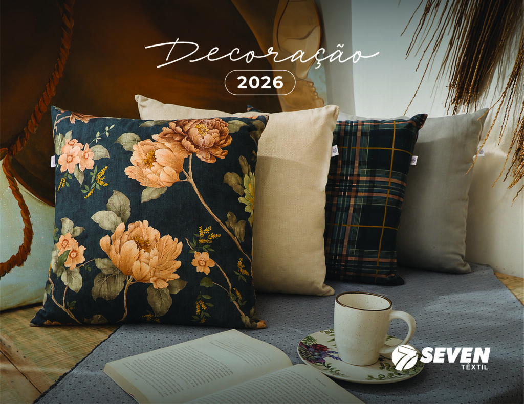 Capa oficial do Catálogo de Decoração 2026 da Seven Têxtil
