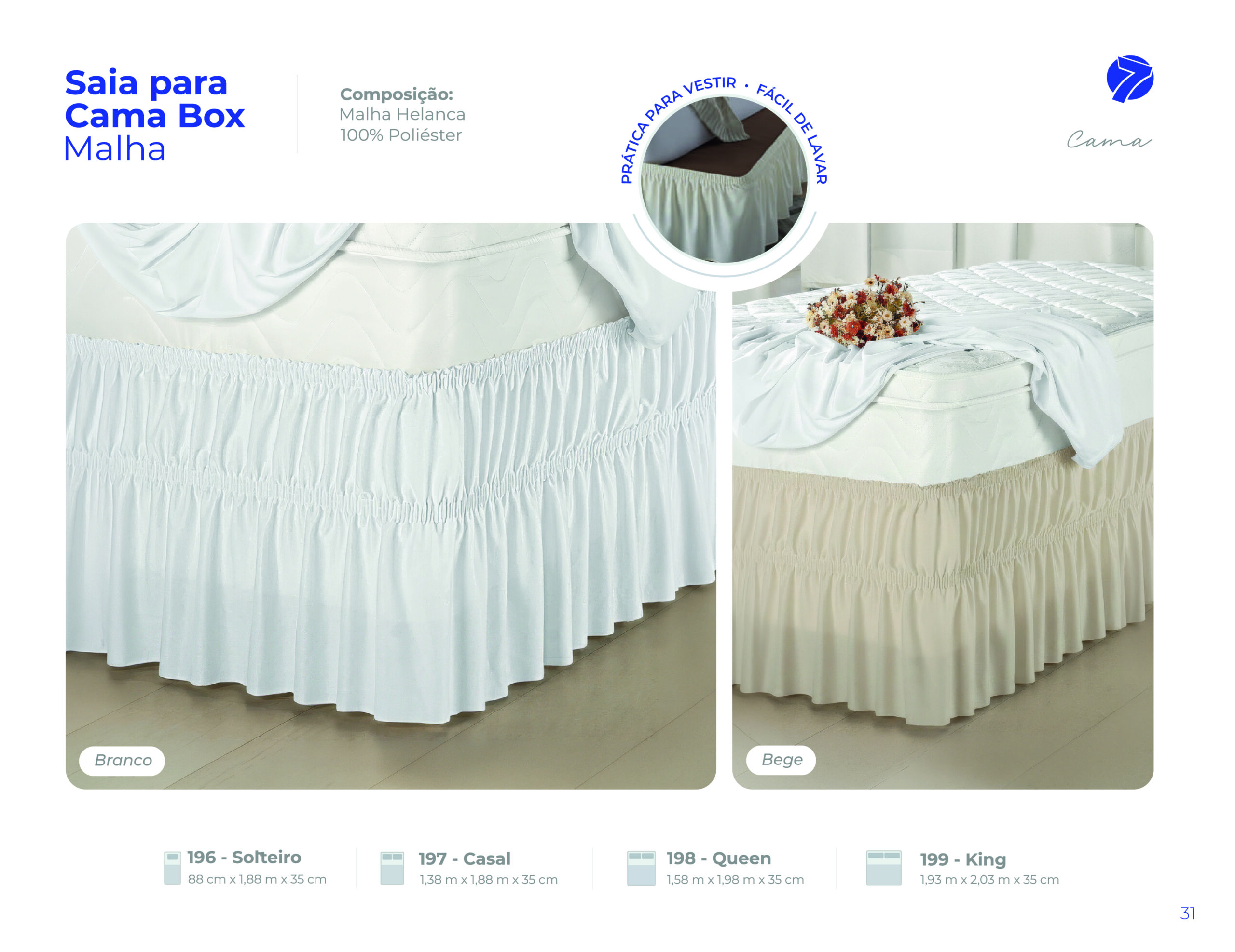 Saia para cama box em malha helanca Seven Têxtil babado com elástico nas cores Branco e Bege para tamanhos Solteiro, Casal, Queen e King