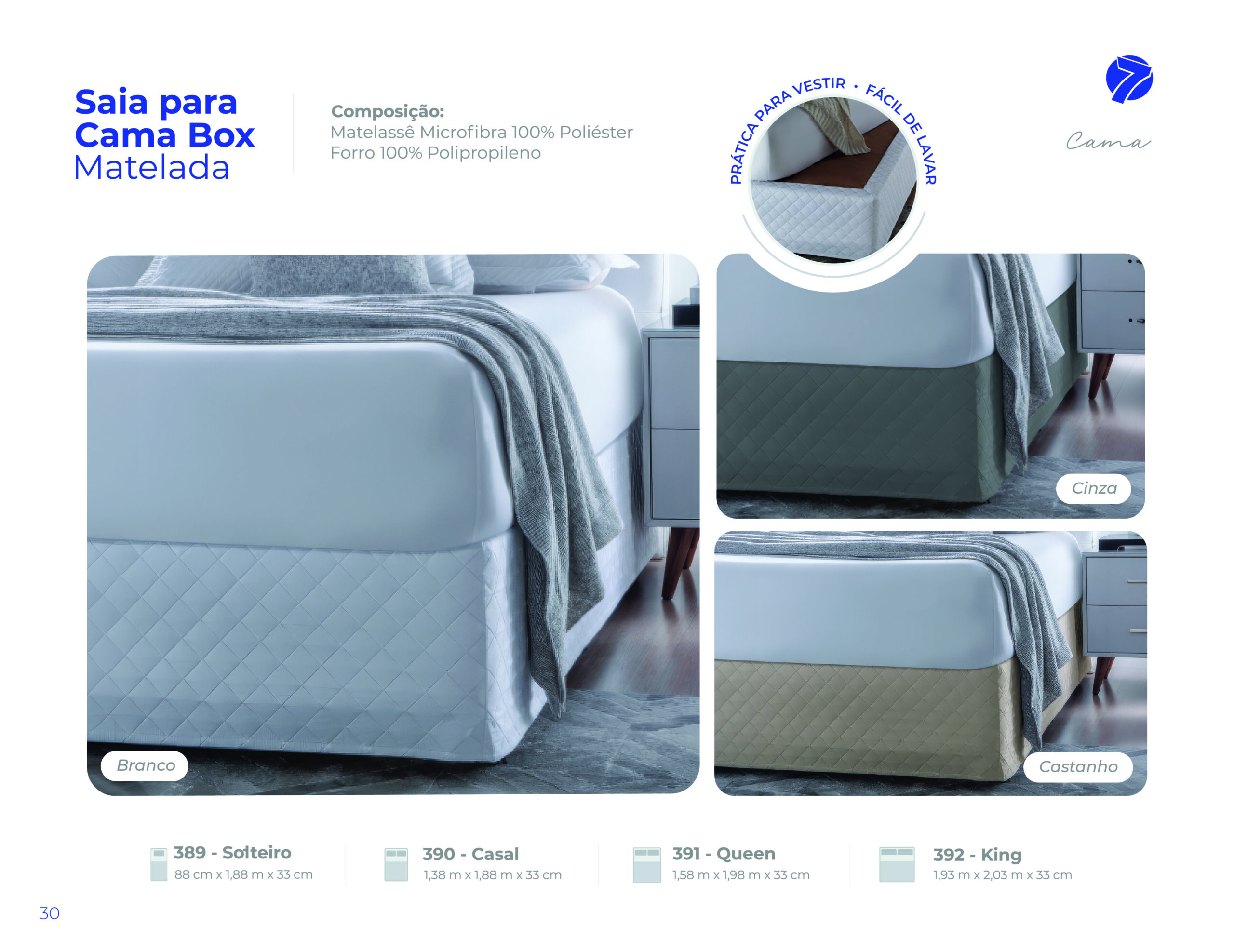 Saia para cama box matelada em microfibra Seven Têxtil prática para vestir nas cores Branco, Cinza e Castanho para tamanhos Solteiro, Casal, Queen e King