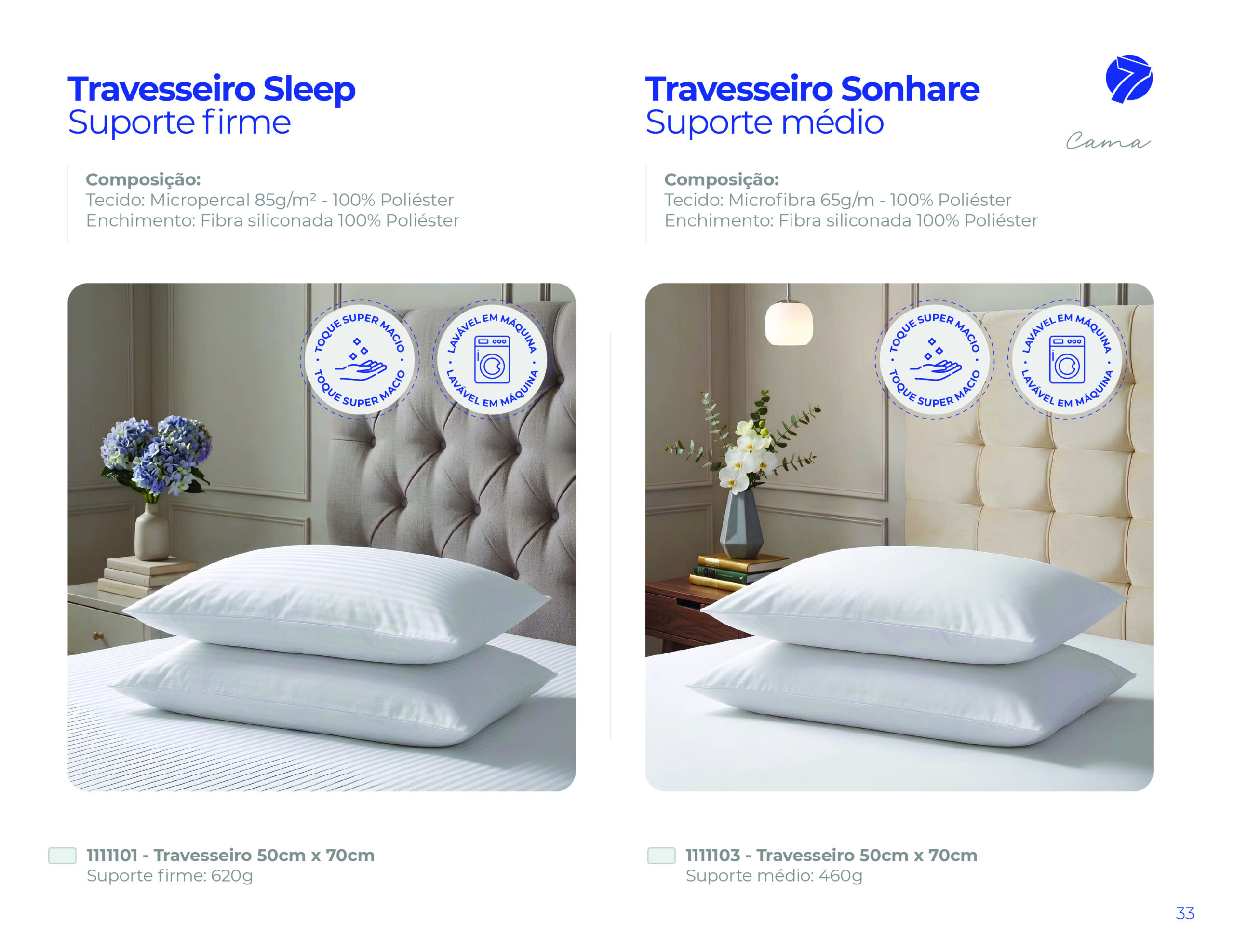 Travesseiros Seven Têxtil 50cm x 70cm laváveis em máquina: modelo Sleep suporte firme 620g em micropercal e modelo Sonhare suporte médio 460g em microfibra com fibra siliconada