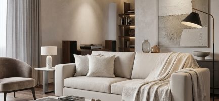 Sala moderna em tons claros com sofá off white com elegante conjunto de manta decorativas e almofadas no mesmo tom no tecido jacquard