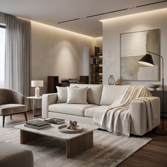Sala moderna em tons claros com sofá off white com elegante conjunto de manta decorativas e almofadas no mesmo tom no tecido jacquard